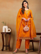Women Mustard Silk Blend Embroidered Straight Kurta Pant Set With Dupatta